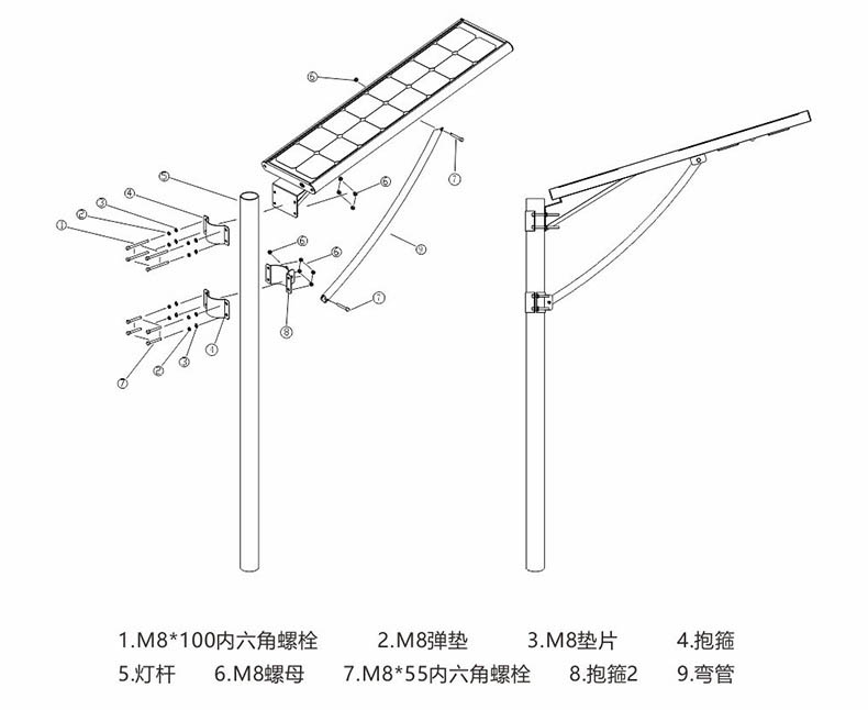东莞叼嘿直播APP照明抱箍式一体化LED太阳能路灯安装示意图