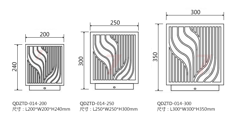 (QDZTD-014)古铜拉丝割花方形矮柱柱头灯200mm、250mm、300mm尺寸示意图